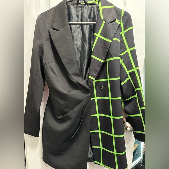 Womens Double Crazy Blazer Jacket Square Pattern Waist Fitted Black/Green Sz S - Picture 3 of 8